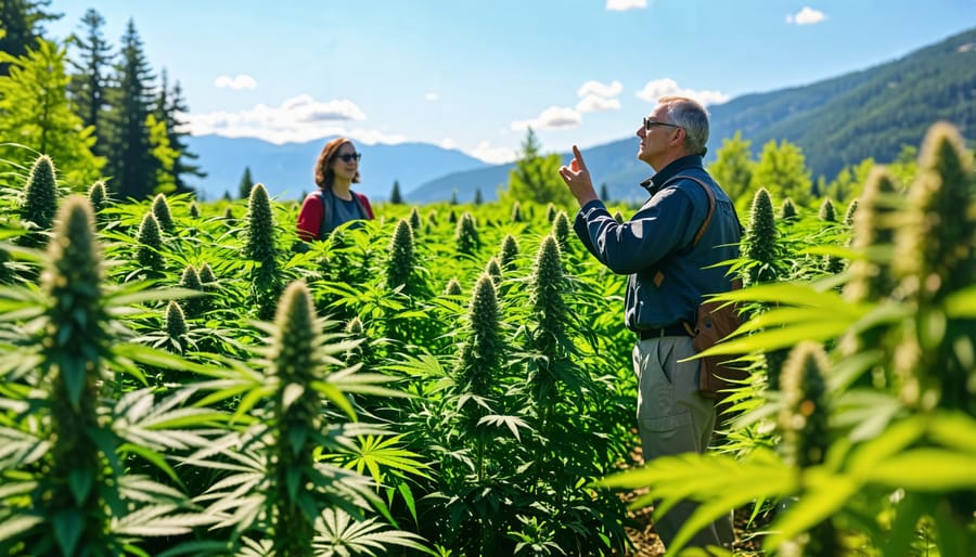 Cannabis tour group in Canada admiring plants with a guide