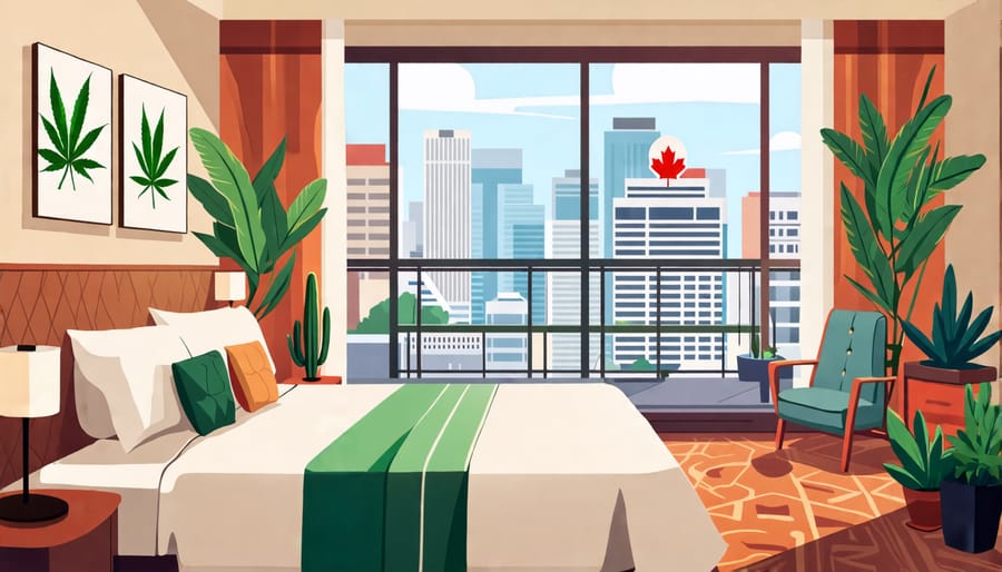 Cannabis-friendly hotel room in Canada with cannabis-themed decor