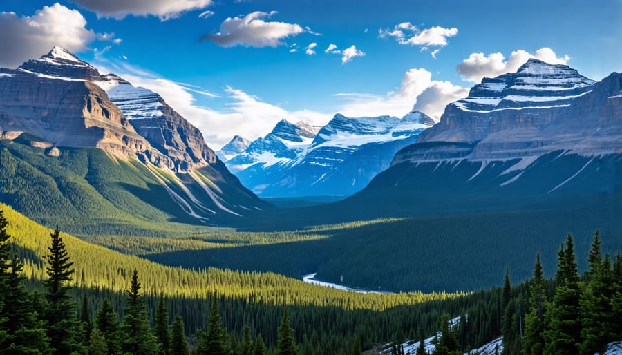 Panoramic image of the Icefields Parkway with mountains and forests