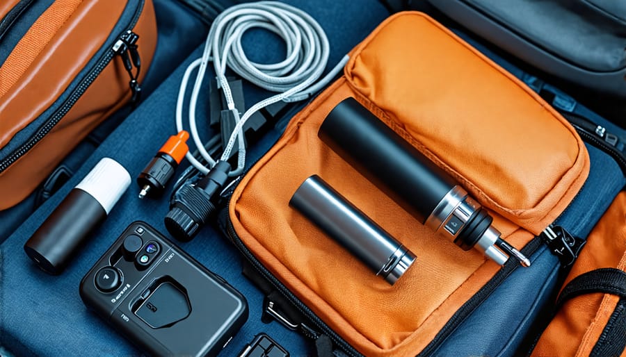 Travel kit with vape essentials including chargers and e-liquid